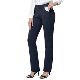 M MOTEEPI Dress Pants for Women 29'' High Waisted Stretch Work Pants Straight Leg Pull on Yoga Dress Pants for Business Casual Pockets Navy Blue Large