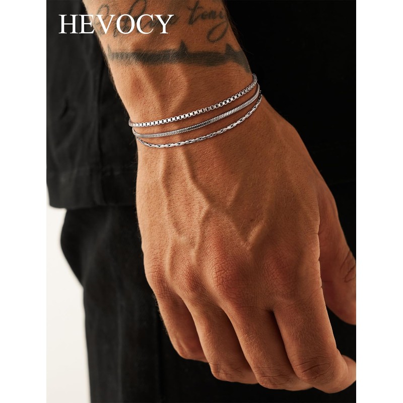 HEVOCY 3-Piece Silver Bracelet Set for Men, Thin Stainless Steel