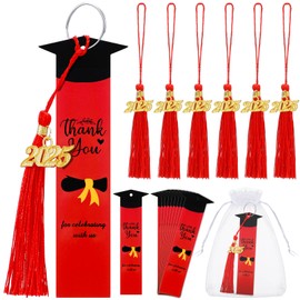 Yuefunny 24 Set Graduation Party Favors for Guests 2025 Graduation Gifts Bookmark with Tassel Keychain 2025 Thank You Tag Organza Bag for Gifts(Red)