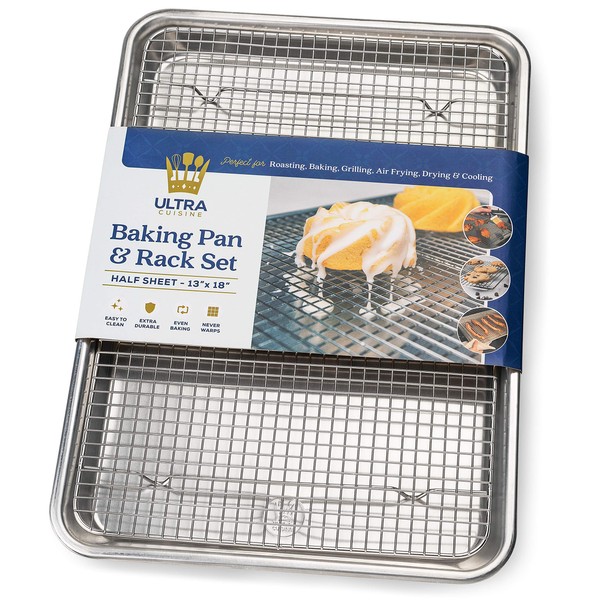 Aluminum Baking Sheet with Stainless Steel Cooling Rack Set by Ultra Cuisine – Half Sheet Size Pan 13 x 18 inch, Durable Rimmed Sides, Easy Clean, Commercial Quality for Cooking and Roasting