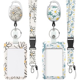 Uniclife 2 Pack Floral Sliding Badge Holder White Blue Flower Plastic Case with Retractable Badge Reel Carabiner Clip and Detachable Lanyard Strap Hard Vertical Card Protector