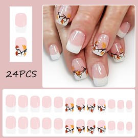 24Pcs Fall Press on Nails Short Square Fake Nails with Maple Leave Design Autumn False Nails French Tip Acrylic Nails Press ons Full Cover Artificial Glue on Nail for Women Girls Thanksgiving Nail