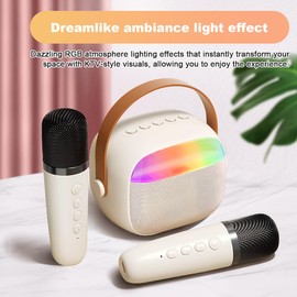 KALLORY Máquina de Karaoke, Wireless Karaoke Speaker con Luces LED，4 Modos de Sonido，con 2 micrófonos inalámbricos，Soporte Tarjeta TF，AUX, USB, para cumpleaños, Familia, Fiesta en casa (Beige)