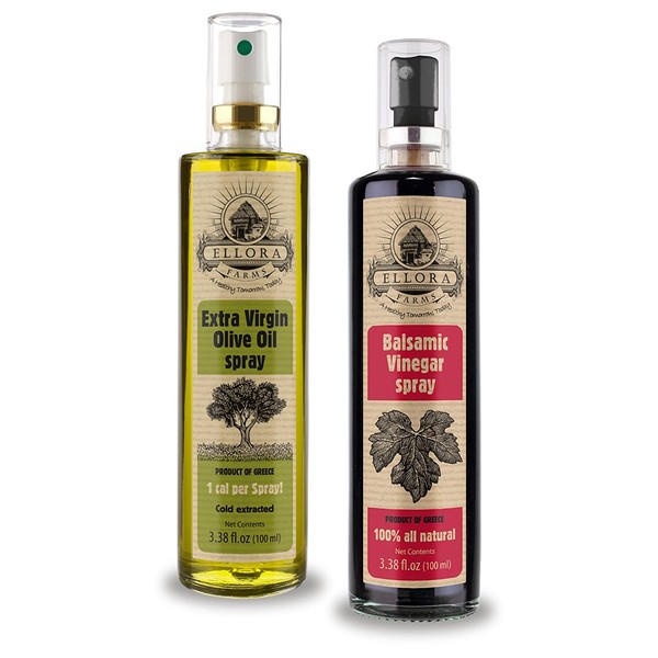 Ellora Farms, Greek Extra Virgin Olive Oil and Balsamic Vinegar in Clog-Free Glass Spray Bottles, Born in Crete, Greece, Single Origin, 3.38 oz Bottles, Pack of 2