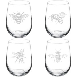 MIP Set of 4 Wine Glass Gift Honey Bee Collection (17 oz Stemless)