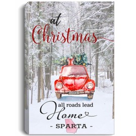 Christmas Canvas Wall Art 16"x24" For Home Decor Sparta Georgia GA State - At Christmas All Roads Lead Home With Merry Christmas Red Truck And Snow Decorated Tree