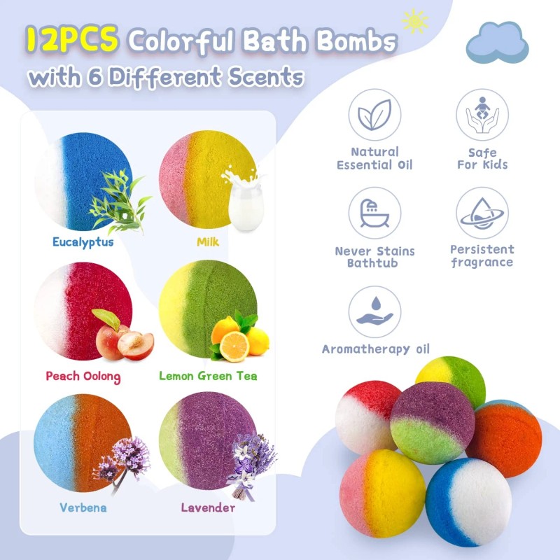 Bath Bombs for Kids 12Pcs Bath Bombs with Surprise Crystal