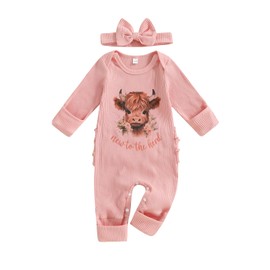 Geagodelia Newborn Infant Girl Romper Baby Girls Ribbed Cotton One Piece Outfit Long Sleeve Letter Print Cute Jumpsuit Headband Set (Pink New to the Herd, 3-6 Months)