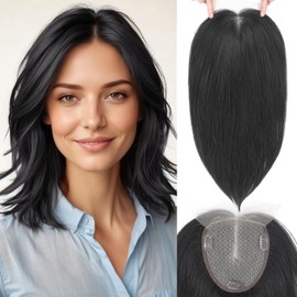 WIGNEE Black Hair Topper with Bigger Lace Hand Made Upgrade Kanekalon Hair Toppers for Women with Thinning Hair 14” Long Layered Toppers Hair Pieces for Women 3D Cover Wig Toppers for Thinning Hair