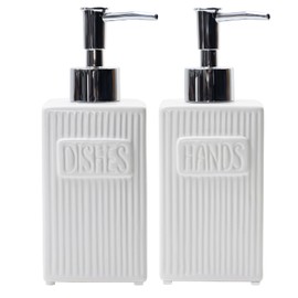 Karisky Ceramic Soap Dispenser Set, 2 Pack Kitchen Soap Dispenser with Funnel, 10.5 Oz Liquid Hand Soap and Dish Soap Dispenser for Kitchen, Bathroom, Matte White