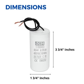 JCM Motor Run Capacitor 40uf MFD 250V/450V AC Volts Round Cylinder 2 Wires CBB60
