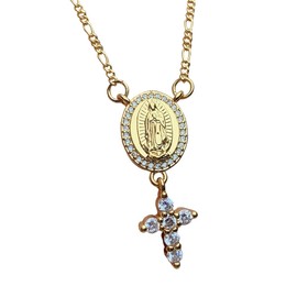 Cross and Virgin Mary Medallion Necklace,Gold Plated Medal Cubic Zirconia Necklace for Women