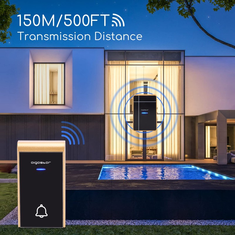 Aigostar waterproof portable wireless bell set, doorbell kit, LED flashing,