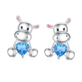 Hippo Earring 925 Sterling Silver Hypoallergenic Animal Earrings Hippo Stud Earrings Blue Heart Cute Hippo Jewellery Gifts for Women Teen Girls, Sterling Silver