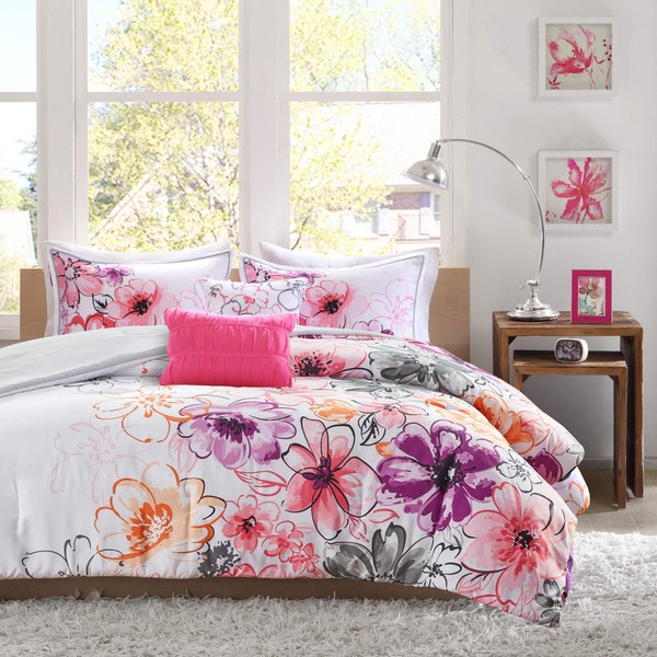 Intelligent Design Comforter Set Vibrant Floral Design, Teen Bedding for Girls Bedroom, Mathcing Sham, Decorative Pillow, King/California King, Olivia Pink 5 Piece