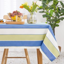 Deconovo Water Resistant Striped Tablecloth Wipeable Rectangular Table Cover Decorative Table Cloth for Kitchen Party 52 x 70 Inch Light Green and Blue