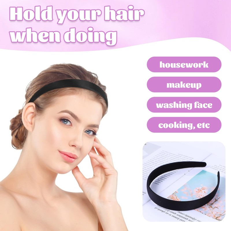 2Pcs Headbands for Women Girls Satin Black Headband Plain Wide