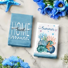 LIOQUN Seashell Coral Starfish Hand Towel Set of 2, Summer Blue Bath Hand Towels, 18x26 Inch, Coastal Towel for Bathroom Home Kitchen, Soft Dish Towel, Summer Farmhouse Seasonal Decoration