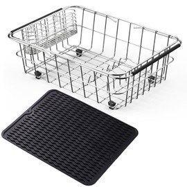 NiuYichee Stainless Steel Dish Drying Rack(15.2"L X 11"W X 5.3"H), Expandable Fruit & Vegetable Drain Rack over Sink, Dish Drainer Rack in Sink, with Stainless Steel Utensil Holder & Silicone Mat(16")