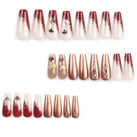 BAOYAALIN Long Press on Nails Coffin Glitter Fake Nails with 3D Leaves Rhinestones Design Gel Glue on Nails for Women Girls Full Cover Acrylic False Stick on Nail Manicure for Wedding 24Pcs