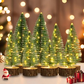 8 Pcs Mini Christmas Trees, 4 Sizes Artificial Christmas Bottle Brush Trees with Timer Fairy Lights Battery Powered Tabletop Tree Decoration (Warm White)