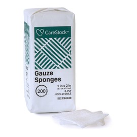 CareStock Gauze Sponge, 2 x 2 in. 8-Ply - Highly Absorbent, Medical-Grade Cotton Wound Dressing, First-Aid Essential - Non-Sterile, 200 per Pack, 1 Pack