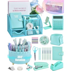 LXEVIHK 21Pcs Green and Blue Desk Organizers and Accessories With Mesh Desk Organizer and 360°Rotating Pen Holder and a Lot of Office Green Office Supplies Beautifully Presented in a Gift Box