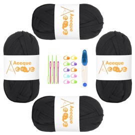 Aeeque Textile Yarn, T-Shirt Yarn for Crocheting, Ribbon Yarn for Baskets, T-Shirt Yarn for Crochet Bags, Thick Crochet Yarn, 4 x 100 g, T-Shirt Yarn, Black