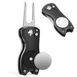 Middletown Outdoors Golf Divot Tool with Magnetic Ball Marker, Multifunctional Divot Tool, Foldable Fork,Fix Divots, Clean Clubs and Cleats, U Shape Bottom can Hold Club, Black