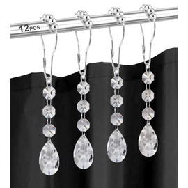 Yapicoco Shower Curtain Hooks Rings for Bathroom, 12PCS Gemstone Crystal Bead Water Drop Stainless Steel Rust Resistant Clear Shower Curtain Rings (Clear)