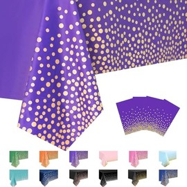 MORAINJAY 4Pcs Purple and Gold Dot Party Tablecloth,137x274cm Rectangle Table Cloth,Waterproof Plastic Confetti Table Cover for Outdoor Picnic,Wedding, Birthday,Christmas Table Decorations