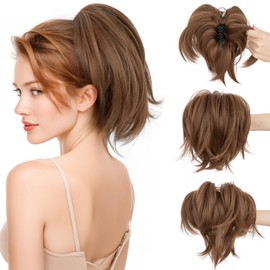 SEGOHAIR Claw Clip Short Ponytail Hair Extensions Messy Bun Hair Piece for Women with DIY Bendable Metals Straight Synthetic Fake Hairpieces #12 Light Chocolate Brown