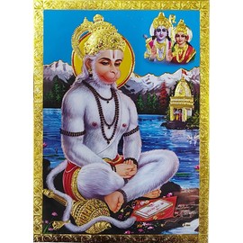 Rastogi Handicraft Best Of Indian Reprint Póster de Dios Hindú con lámina dorada sin marco (Sitting-Hanuman-Ji-7 pulgadas x 5 pulgadas)