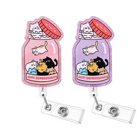2Pcs Funny Cat Nurse Badge Reel Cute Pink Retractable Anti Depressants ID Card Badge Holder with Alligator Clip, Name Tag Medical Badge Buddy for Nurse Psychiatrist Psychotherapist Medical Staff