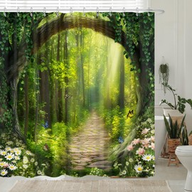 Forest Tree Shower Curtain Green, Rustic Nature Woodland Decorative Shower Curtain for Bathroom, Enchanted Forest Outdoor Jungle Scenic Farmhouse Shower Curtain Set with Hooks,70X70 Fabric