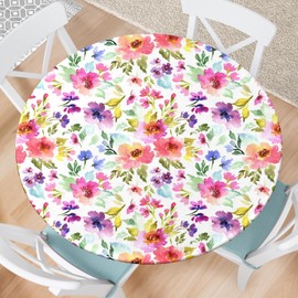 VBDFD Spring Floral Round Fitted Tablecloth with Elastic Edge Round Tablecloth Reusable Watercolor Flower Round Table Cover for Indoor Outdoor Home Kitchen Decor Fits 44-48" Diameter Round Tables