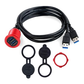 Kework Metal Dual USB 3.0 Ports Mount with Light, 3.3ft 2 Ports USB Male to 2 Ports Female Flush Mount Panel Mount Extension AUX Cable for Car Truck Boat Motorcycle Dashboard (Red & 3.3ft)