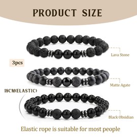 APMGONT 8 mm Pearl Bracelets Set, 3 Pieces Pearl Bracelet Men with Black Lava Stone, Natural Stone Yoga Beads, Elastic Bracelets, Adjustable Men's Bracelets Set, Gifts for Men, Crystal, No Gemstone