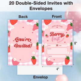 Cazhes Birthday Invitations, 20 Double-Sided Strawberry 1st Birthday Invites with Envelopes, Berry First Party Decorations Supplies Favors - A06