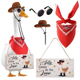 Guiqulai 4pcs Western Cowboy Porch Goose Outfits, Silly Goose on The Loose Hangings Sign Cowboy Hat Bandana Glasses for 17 or 23 inches Statue Outdoor Patio Yard Lawn Art (Brown, Red)