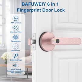 BAFUWEIY Fingerprint Door Lock, 6-in-1 Smart Door Knob with App Control/Fingerprints/IC Cards/Passwords/2 Keys, Fingerprint Door Knob Biometric Door Lock for Bedroom Apartment-Pink