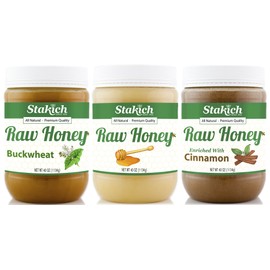 Stakich GIFT PACK - Original Raw Honey, Cinnamon Raw Honey, Antioxidant Raw Honey - Pure, Unprocessed, Unheated, KOSHER