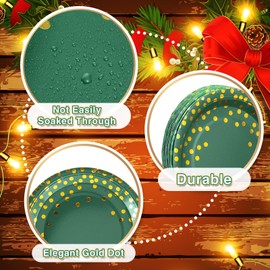 Tegeme Tegeme 256 Pcs Graduation Dark Green and Gold Dot Party Supplies Paper Plate Birthday Napkin Cup Set Disposable Tablecloth Emerald Green Plastic Fork Knives Spoon Serve 36 Guest for Wedding Decoration