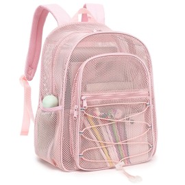 Xunteny Mesh School Backpack for Girls Boys, Heavy Duty Kids Adults Mesh School Bag Bookbag for Swimming Beach Fitness Sport (Light Pink)