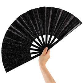 Large Folding Fan for Line Dance, Boots On The Ground Fan Rave Hand Fan Clack Popping Fan for Dancing Boots On The Ground, Disco, Festival, Beach, Party(1 Pack, Glittery Black)