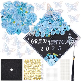 VISSTREE DIY Graduation Cap Decoration - 56 Pcs Cap Decorations for Graduation Kit 2025 DIY Grad Cap Graduation Gift with Blue Paper Flowers 3D Glitter Butterfly Custom Number Letter Stickers Decor