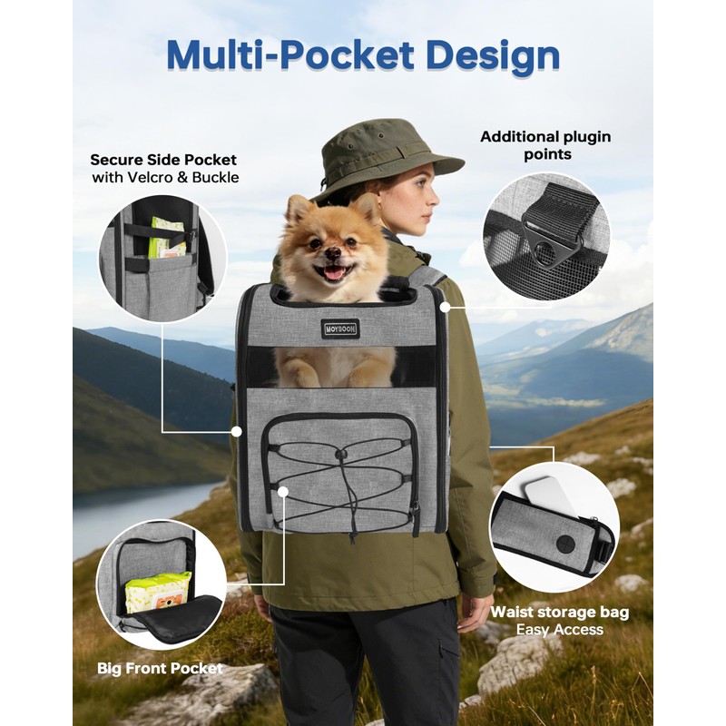 Hiking Dog Carrier Backpack, Padded Height-Enhancing Design, Adjustable Waist Cushioning