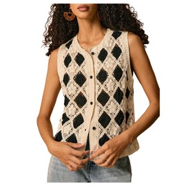 GORGLITTER Women's Crochet Vest Checkered Button Front Knit Boho Western Trendy 2025 Sweater Tank Top Black and White Small