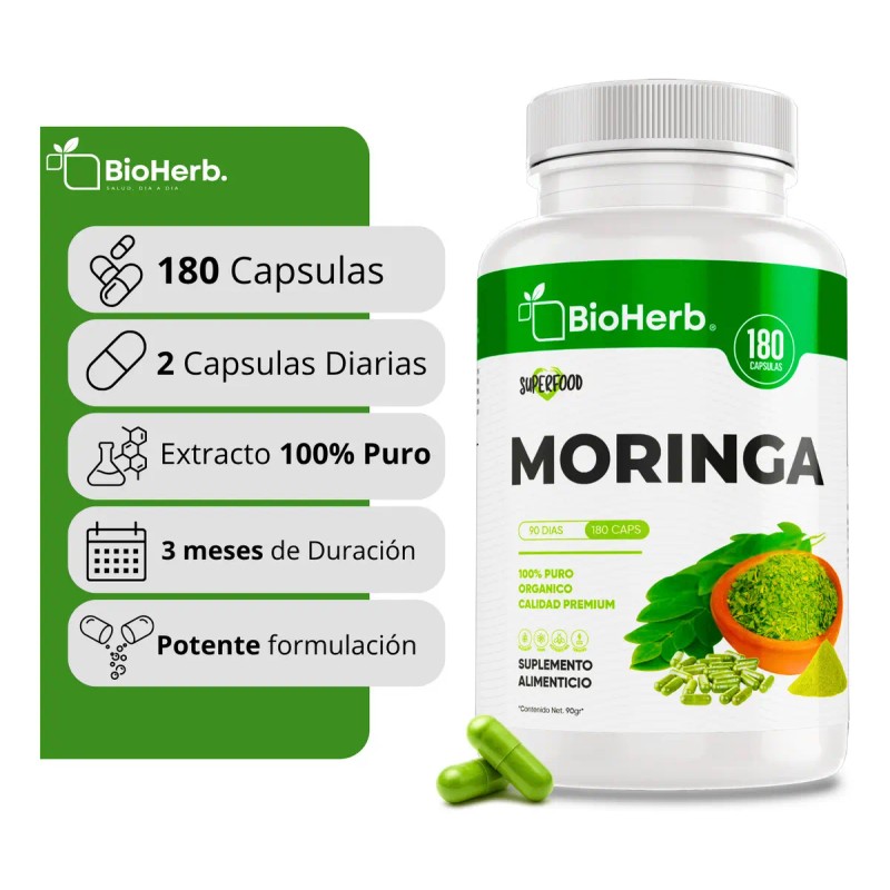 Bioherb Moringa 100 Pura Extremadamente Eficaz 180 Cápsulas 500 Potente