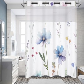 TERSUM No Hook Shower Curtain with Snap in Liner Set,Modern Floral Shower Curtain for Bathroom,Fabric Flower Shower Curtain,Blue Watercolors Printed Shower Curtain for Hotel Decor 71 x 74FT